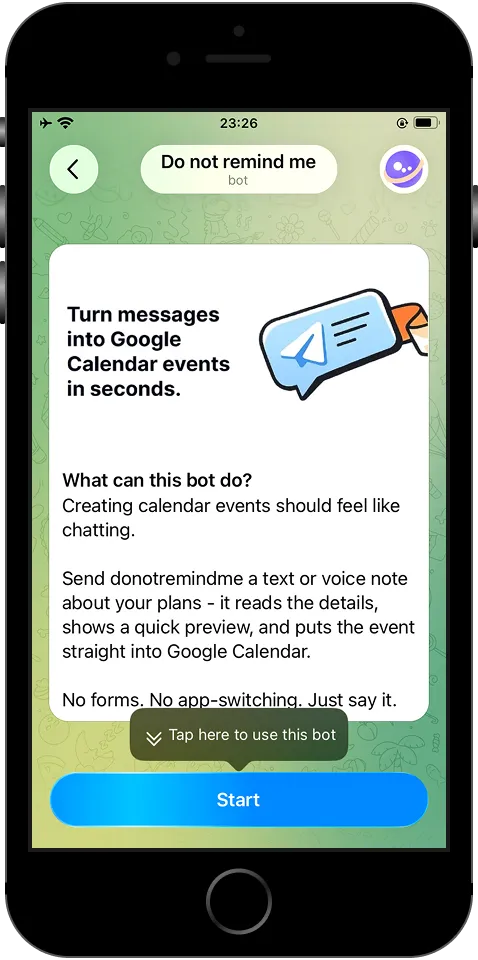 Telegram screen introducing the Do not remind me bot, with a Start button.
