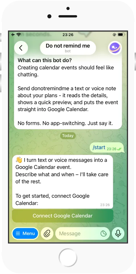 Telegram chat after /start, with a button to connect Google Calendar.