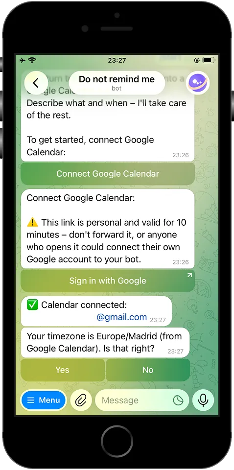 Telegram chat showing the Google sign-in link, a calendar-connected confirmation, and a timezone confirmation prompt.