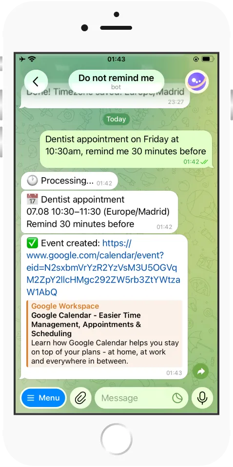 Telegram chat where a text message about a dentist appointment becomes a Google Calendar event with a confirmation link.