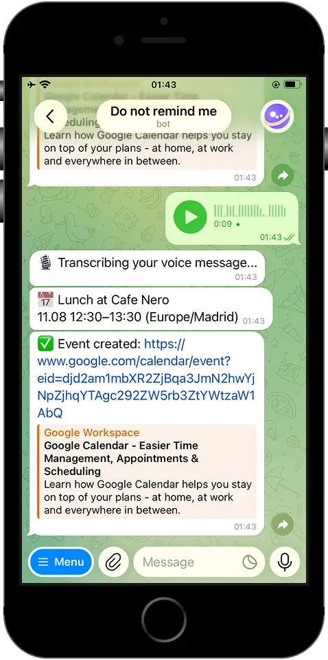 Telegram chat where a voice message is transcribed and turned into a Google Calendar event for lunch.